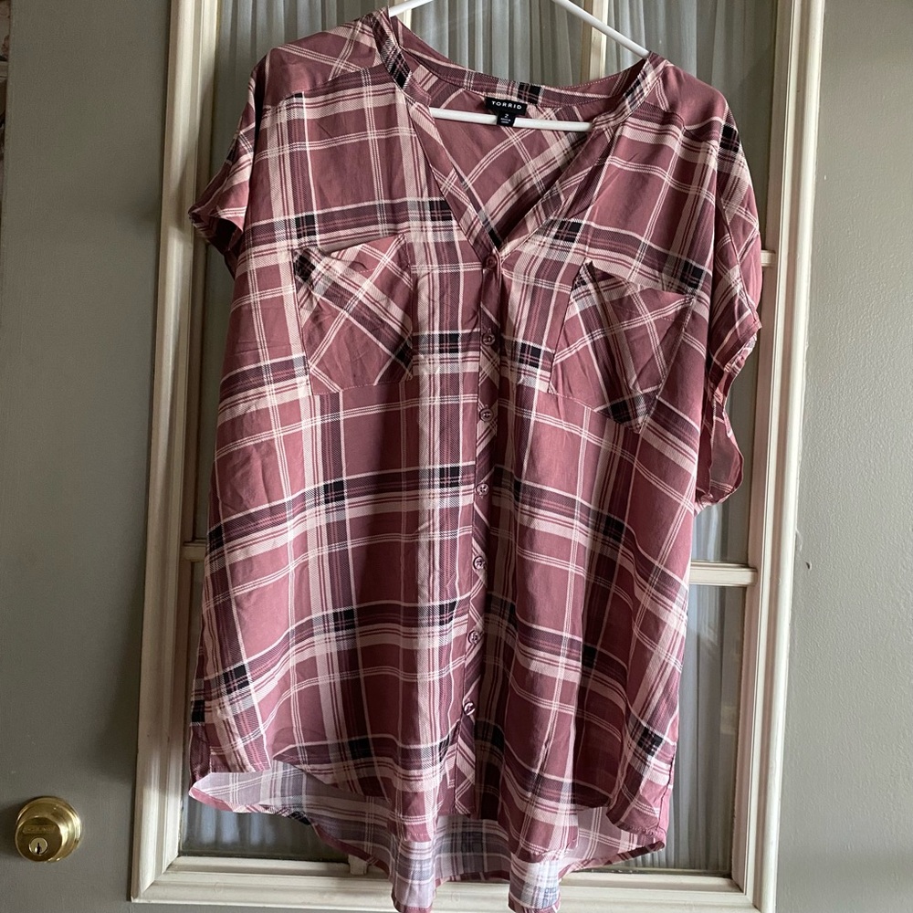 Torrid Pink and Cream Plaid Notch Neck Shirt
